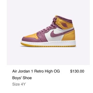 NWT Air Jordan 1 Retro High OG Boys' Shoe Size 4Y Lakers - Purple - Yellow